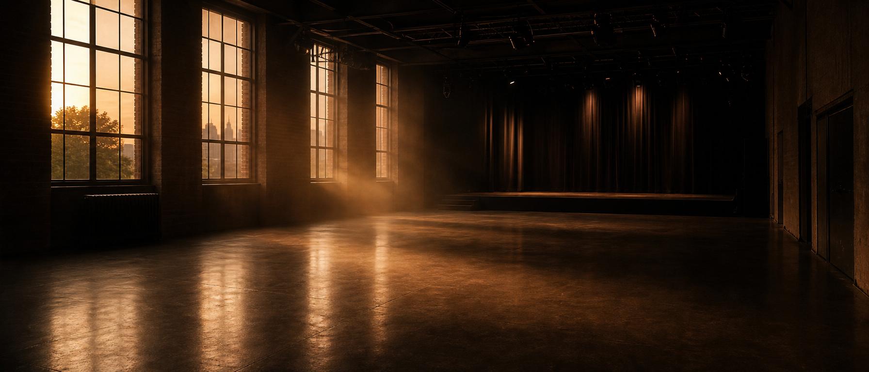 Ember Remnant studio space at dusk, warm light through tall windows